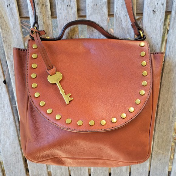 FOSSIL Tan Brown Leather Crossbody Flap Bag - Picture 6 of 8